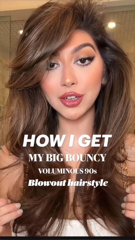 How to get big bouncy voluminous 90s supermodel inspired blowout at home with whatever hair tool you have either a hair curler or hair wand or your Dyson AIRWRAP all you need is hairspray mouse and Velcro rollers Medium Hair Volume Curls, Volume 90s Hair, Big Earings Hairstyle Long Hair, Front Hair Volume Tutorial, How To Style Voluminous Hair, How To Do Bouncy Curls, Big Volume Hair Tutorial, How To Have Voluminous Hair, How To Use Mouse For Volume