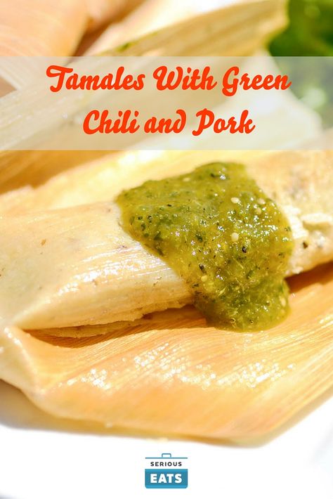 Tamales filled with shredded pork carnitas in a green chili sauce. Green Chile Tamales Recipe, Tamale Dough Recipe, Best Tamales, Pork Green Chile, Homemade Tamales Recipe, Green Chili Pork, Mexican Tamales, Tamales Recipe, Homemade Tamales