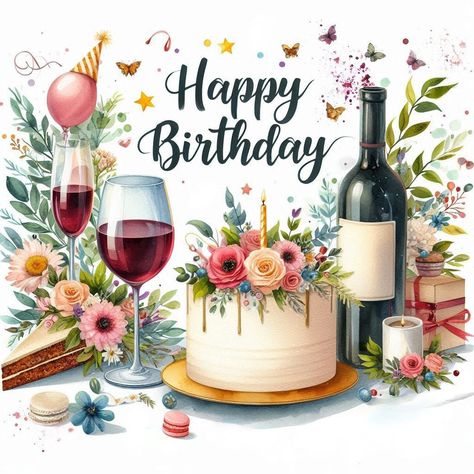 It's My Pleasure Images, Happy Birthday With Wine, Happy Birthday Wine Images, Cake Watercolor, Happy Birthday Wine, Happy Birthday Wishes Pics, Happy Birthday Flowers Wishes, Birthday Wishes Pics