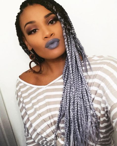 Grey Ombre Box Braids, Grey Braids, Grey Box Braids, Grey Hair Braids, Brown Box Braids, Brown Ombre Hair Color, Ombre Box Braids, Purple Braids, Black Grey Ombre