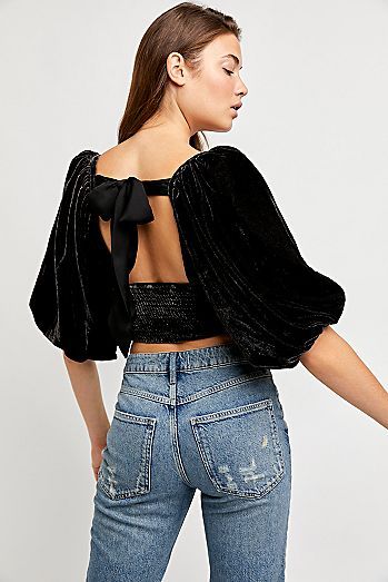 Velvet Shirt Dress, Knit Suits, Exaggerated Sleeves, Plaid Crop Top, Sequin Rompers, Velvet Crop Top, Body Suit With Shorts, Open Back Top, Free People Style