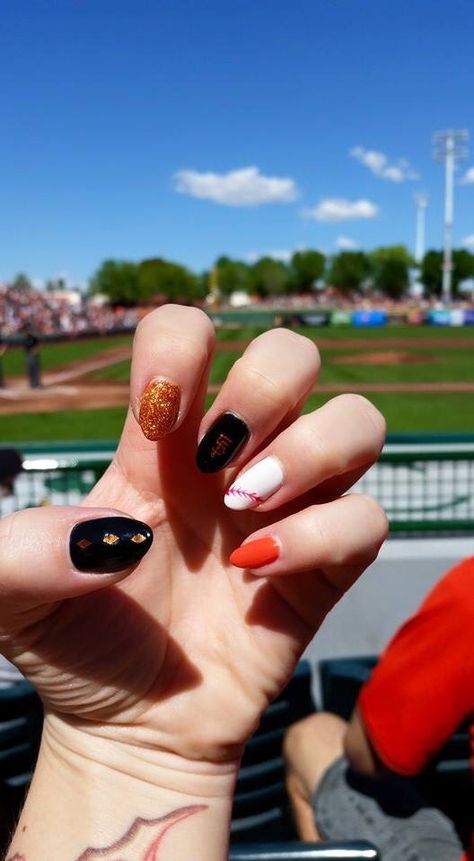 SF Giants nails #opi #gelpolish #worldchamps #sfgiants #orangeandblack #springtraining #gelnailart #mlbnailart #mlbnails Sf Giants Nails Designs, San Francisco Giants Nails, Sf Giants Nails, Giants Nails, Baseball Nail Designs, Baseball Nails, San Francisco Giants Logo, Nails Opi, Sf Giants