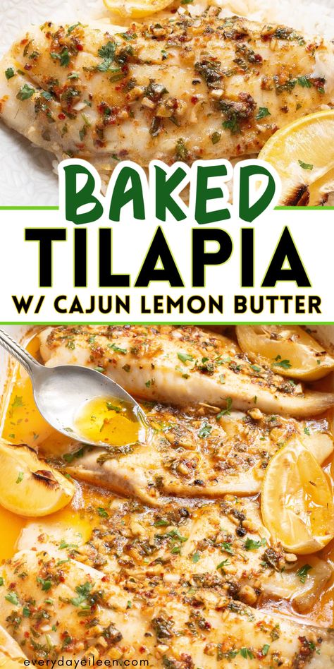 Cajun Lemon Butter Baked Tilapia is a delicious seafood dinner ready in about 15 minutes. The flaky fish is perfectly seasoned and baked in a Cajun lemon butter for an easy weeknight dinner. Perfect for a quick, easy fish dinner. Garlic Butter Baked Tilapia, Garlic Butter Oven Baked Tilapia, Fish Recipes Tilapia Baked, Dinner Ideas With Tilapia, Tilapia And Broccoli Recipes, How Long To Bake Fish In Oven, Recipes For Tilapia Fillets Baked, How To Cook Tilapia On The Stove, Fish Fillet Dinner Ideas