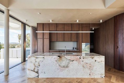 CDK Stone on Instagram: "Spectacular Pink Patagonia in the kitchen @portum.byronbay , a luxury stay and shoot location in the heart of Byron Bay.⁣⁣ Photo by @andymacpherson.studio ⁣ ⁣⁣ #cdkstone #pinkpatagonia #quartzite #naturalstone #naturalbeauty #naturesmasterpiece #designstyle #natural #stone #interiors #exteriors #designinspo #designinspiration #natural #interiors #stone #interiordecor #designoftheday" Quartzite Bathroom, Patagonia Quartzite, Quartzite Kitchen Island, Quartzite Kitchen Countertops, Stone Kitchen Island, Pink Patagonia, Kitchen Refurbishment, Stone Benchtop, Light Brown Highlights