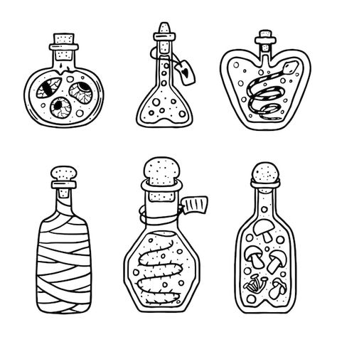 Potion Mood Tracker, Drawing Potion Bottles, Magic Potion Bottles Drawing, Witches Potion Bottles, Bottle Coloring Page, Potion Bottles Drawing, Bottles Drawing, Witch Potion, Witch Bottles