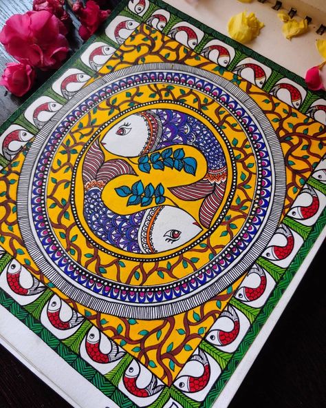 Warli And Madhubani Fusion Painting, Katchni Madhubani Painting, Mithila Art Design, Madhubani Folk Art, Madhubani On Canvas, Madhubani Art Simple, Mithila Painting Design, Madhubani Rangoli, Simple Madhubani Paintings