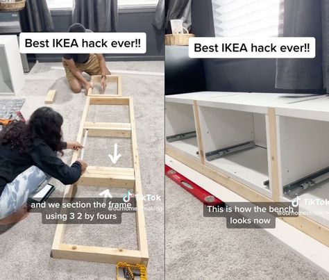 Ikea Besta Bench Seat Hack, Ikea Besta Bench Hack, Diy Window Bench With Storage, Besta Bench Hack, Ikea Besta Bench, Ikea Bench Hack, Mini Fridge Storage, Above Fridge Cabinet, Window Bench With Storage