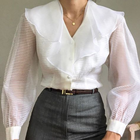 peonias vintage on Instagram: “the most stunning 70s organza ruffle blouse with sheer, puffy sleeves. shop link in bio 🌿” Sheer Fabric Blouse, Puffed Sleeves Blouse, Puffy Blouse, Retro Circus, Organza Blouse, Blouse Style, Sleeves Blouse, Puffy Sleeves, Pink Outfit