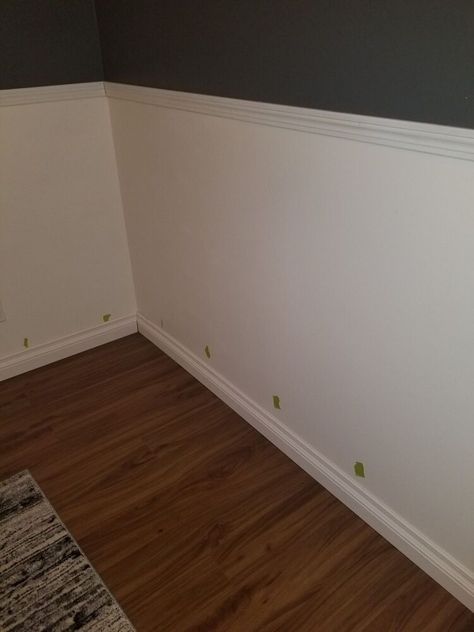 By re -using and recycling our old baseboards coupled with molding purchased from kijiji. The wainscoting molding and chair rail is a great way to instantly add value to your your home at an affordable price. Full post of how i installed wainscoting can be found Wainscoting Chair Railing - illuminatedhut 2. Check for studs using the stud finder and place a piece of tape along your marking, I used painters tape 3. Make a cut list then cut your molding to fit across each wall w Chair Rail Ideas, Chair Railing, Installing Wainscoting, Chair Rail Molding, Stud Finder, Brad Nailer, Wood Filler, Chair Rail, Painters Tape