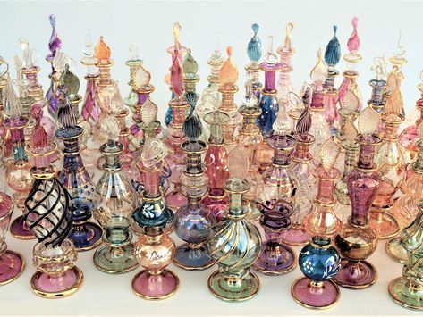 Egyptian Perfume, Arabian Perfume Bottles, Glass Perfume Bottles, Egyptian Glass Bottles, Parfume Bottle Vintage, Antique Perfume Bottles Victorian, Egyptian Perfume Bottles, Dream Bedroom Inspiration, Painted Bottles