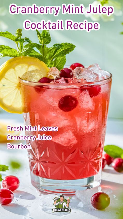 "Discover the perfect blend of flavors with our refreshing Cranberry Mint Julep cocktail recipe! Ideal for the holiday season, this festive beverage combines tart cranberries and fresh mint for a delightful twist on traditional mint cocktails. Perfect for gatherings, these easy cocktail recipes will impress your guests and elevate your holiday cocktails. Cheers to delicious refreshing drinks that celebrate the season!" Mint Christmas Cocktail, Cranberry Mint Cocktail, Cranberry Mojito Mocktail, Frozen Mint Julep Recipe, Mint Julep Gin, Mint Julep Cocktail, Cinnamon Whiskey, Mint Julep Recipe, Mint Cocktails