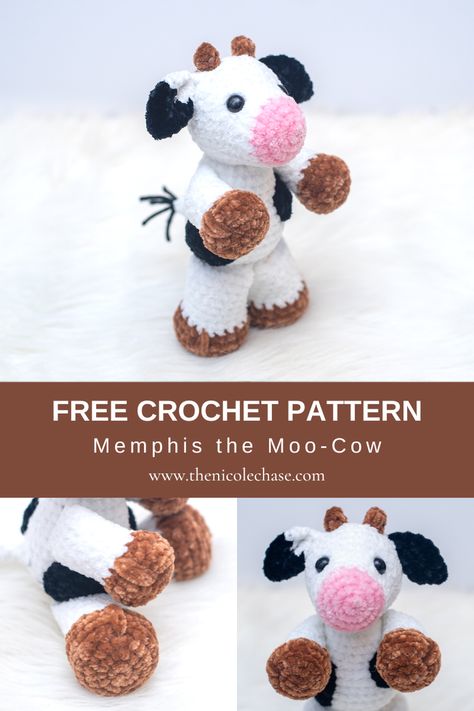 Memphis the Moo-Cow - Free Crochet Pattern — Nicole Chase: Free Crochet Patterns for Beginners and Up Amigurumi Plush Cow Free Pattern, Chunky Crochet Cow Pattern Free, No Sew Cow Amigurumi, Free Crochet Bull Pattern, Easy Crochet Cow Pattern Free, Crochet Cow Head Free Pattern, How To Crochet A Cow Free Pattern, Crochet Amigurumi Free Patterns Easy Simple, Cow Lovey Crochet Pattern Free