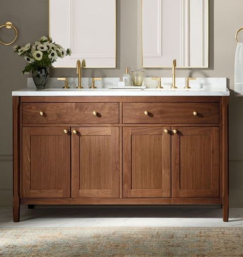 Bathroom Sinks & Vanities | Rejuvenation Wood Double Vanity, Bathroom Vanity Double Sink, Wood Bathroom Vanity, Calacatta Marble, Double Sink Vanity, Double Vanity Bathroom, Double Sink Bathroom, Double Sink Bathroom Vanity, Wood Vanity