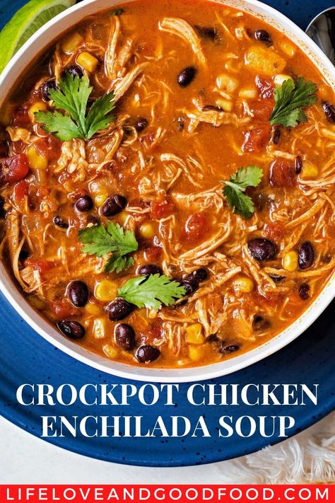 Crockpot Soup With Frozen Chicken, Crockpot Chicken Enchiladas Soup, Keto Chicken Enchilada Soup Crockpot, Shredded Chicken Enchilada Soup, Enchilada Soup Crockpot Easy, Soup Using Shredded Chicken, Cheesy Chicken Enchilada Soup Crock Pot, Chicken Enchiladas Soup Crock Pot, Chicken Enchilada In Crock Pot