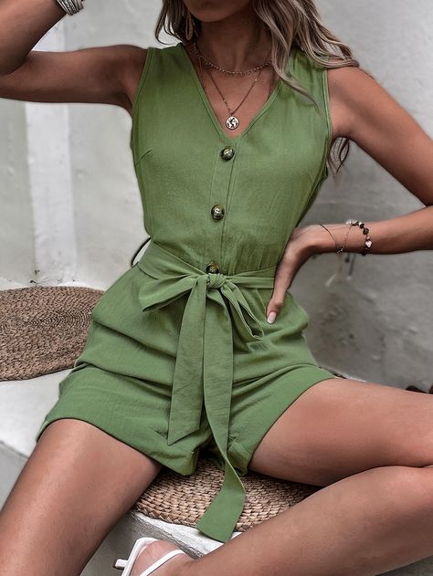 Single Breasted Roll Hem Belted Romper Romper Men, Belted Romper, Brand Name Clothing, Over 50 Womens Fashion, Cheap Womens Clothing, Refashion Clothes, Beachwear For Women, Rolled Hem, Classic Outfits