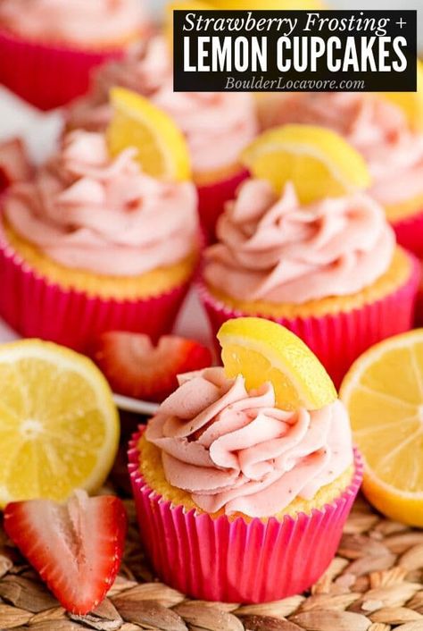 Moist, tangy and sweet Lemon Cupcakes are a box mix hack that taste baked from scratch! Topped with real Strawberry Frosting for a taste of summer. Strawberry Lemonade Cupcakes, Lemonade Cupcakes, Strawberry Cake Mix, Strawberry Frosting, Lemon Cake Mixes, Lemon Cupcakes, Strawberry Lemon, Cupcake Flavors, Easy No Bake Desserts