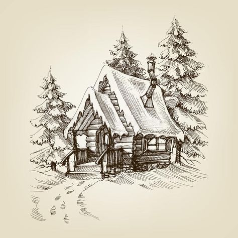 Winter cabin exterior. Pine trees forest and snow vector illustration Winter Cabin Exterior, Cabin Drawing, Cottage Drawing, Christmas Sketch, Winter Drawings, Nature Art Drawings, Cabin Exterior, Pen Art Drawings, Winter Cabin