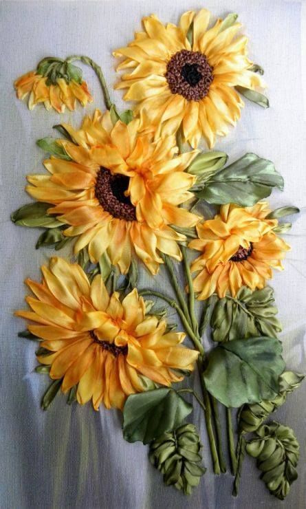 Ribbon Embroidery Inspiration – Sunflowers – Needle Work Embroidery Roses, Silk Ribbon Embroidery Tutorial, Sulaman Pita, Silk Ribbon Embroidery Patterns, Ribbon Embroidery Kit, Embroidery Dresses, Buat Pita, Ribbon Embroidery Tutorial, Crochet Embroidery