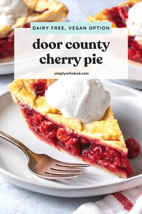 This easy, Door Country sour cherry pie recipe features homemade cherry filling between flaky, vegan pie crusts. Make it from scratch with frozen cherries, or fresh ones. Either way, you’ll never use canned filling again. Cherry Pie Recipe Frozen Cherries, Cherry Pie From Frozen Cherries, Door County Cherry Pie Recipe, Cherry Pie With Frozen Cherries, Sour Cherry Pie Recipe, Sour Cherry Pie, Cherry Pies, Dairy Free Recipes Dessert, Cherry Pie Recipe