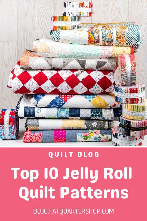 Read all about our top ten Jelly Roll quilt patterns! These patterns are fun and extra quick to sew! Visit the Jolly Jabber Blog! Jelly Roll Quilt Patterns Free Tutorials, Easy Jelly Roll Quilt, Jelly Roll Sewing, Jelly Roll Quilts, Shabby Quilt, Halloween Jelly, Quilt Tutorial Video, Moda Jelly Rolls, Jelly Roll Projects