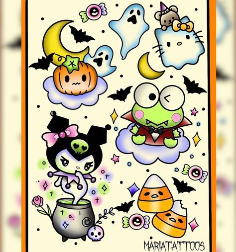 Spooky Flash, Hello Kitty Halloween Costume, Sanrio Halloween, Tattoo 2024, Halloween Flash, Flash Sheets, Hello Kitty Tattoos, Spooky Stickers, Kawaii Tattoo