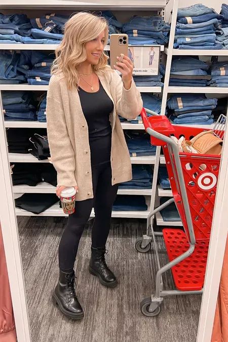 Combat Boots Outfit Fall Plus Size, Cardigan With Boots Outfit, Combat Boots Leggings Outfit, Black Leggings Tan Boots Outfit, Tan Boots Black Leggings, Combat Boot Outfits Plus Size, Black Cardigan Outfit Work, Black Ankle-high Combat Boots For Winter, Black Combat Boots Outfit Winter