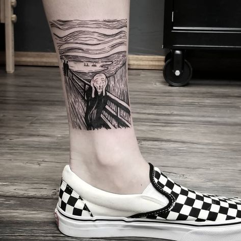 Rubén Sánchez on Instagram: “THE SCREAM [Day number two is about to start for me here at the @visionarytattoofest but for now I leave you guys with this piece I did…” The Scream Tattoo, Scream Neck Tattoo, Scream Tattoo Leg, Scream Tatoos Ideas, Scream Inspired Tattoos, The Scream Painting Tattoo, Square Tattoo, Number Two, Scream