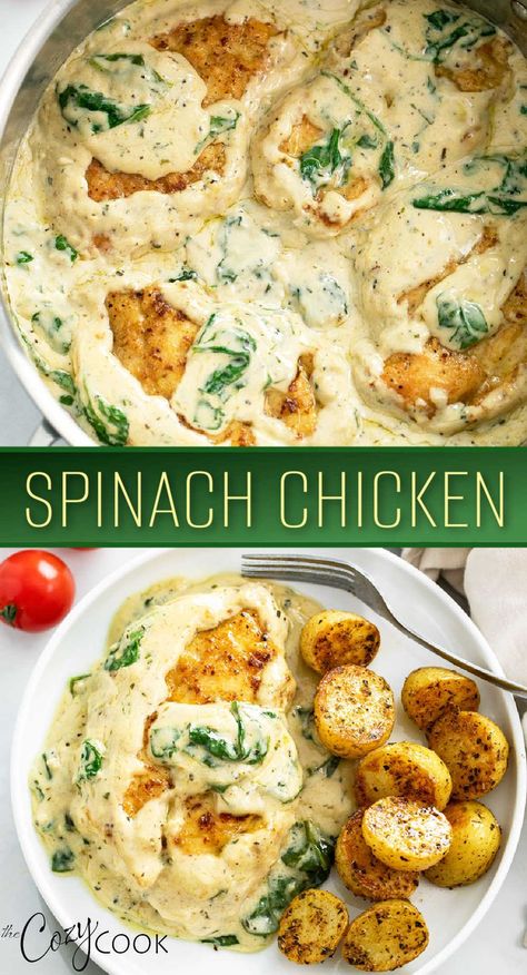 spinach chicken with spinach in a cream sauce on top of chicken Cream Sauce With Spinach, Creamy Spinach Chicken, Chicken Board, Foolproof Recipes, Chicken Smothered, Workout Meals, Salad Vegetables, Cozy Cook, Spinach Chicken