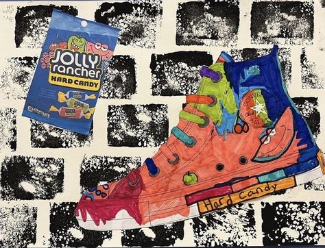 Candy Shoes Art Project, Shoe Art Project, Candy Drawing, Candy Shoes, Middle School Art Projects, Shoes Art, 5th Grade Art, Fun Friday, Bell Ringers