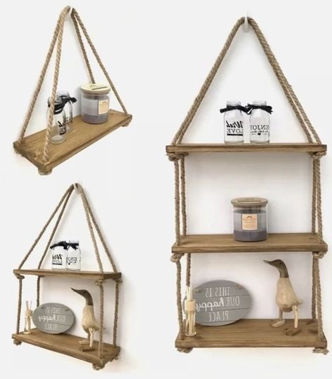 1, 2 or 3 Tier Hanging Floating Shelves From £11.99 Material:Wood+rope Colour: Oak Type: Shelving Unit Style:Rustic Bearing range: 5-10kg Number of Shelves: choose from 1, 2 or 3 shelf units Dimensions (approx): 1 Tier: 40(L)*15(W)*40(H)cm 2 Tier: 40(L)*15(W)*70(H)cm 3 Tier: 40(L)*15(W)*100(H)cm Features: Wall Mountable Package contents: 1 x Floating shelf Ceiling Shelf Decor, Hanging Shelf Decor, Floating Storage Shelves, Floating Storage, Hanging Rope Shelves, Oak Wood Stain, Rope Shelf, Rustic Wooden Shelves, Shelf Kitchen