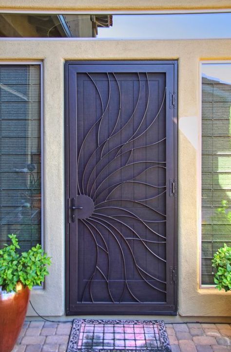 Swirl Security Screen Door                              … Screen Door Design, Grill Doors, Security Door Design, Metal Screen Doors, Iron Security Doors, Modern Window Grill, Porte In Ferro, Door Grill, Security Screen Door