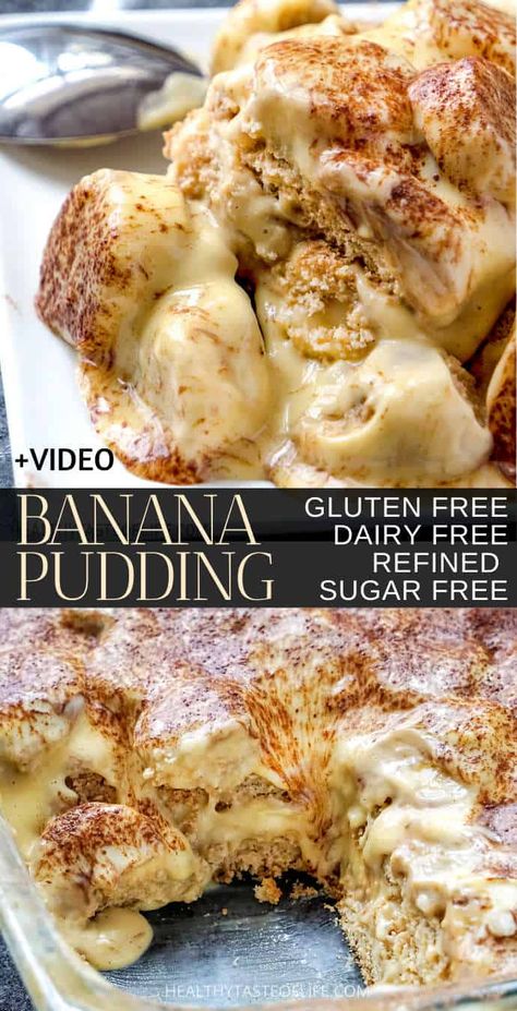 Gluten Free and Dairy Free Banana Pudding Recipe (Healthy, Homemade, Refined Sugar Free + Video). Looking for a gluten free banana pudding dessert? These creamy layers of dairy free banana pudding, ripe bananas, and gluten free vanilla wafer cookies are impossible to resist! This gluten free banana pudding is made from scratch with homemade healthy vanilla wafer cookies - crispy, light and crunchy and without refined sugar. #bananapudding #glutenfreebananapudding #dairyfreebananapudding #healthy Gluten Free Dairy Free Banana Cake, Banana Pudding Recipe Healthy, Banana Pudding Without Vanilla Wafers, Non Dairy Banana Pudding, Ripe Banana Gluten Free Recipes, Gluten Free Dairy Free Refined Sugar Free Desserts, Gf Banana Pudding, Dairy Free Banana Dessert, Ripe Banana Recipes Healthy Gluten Free