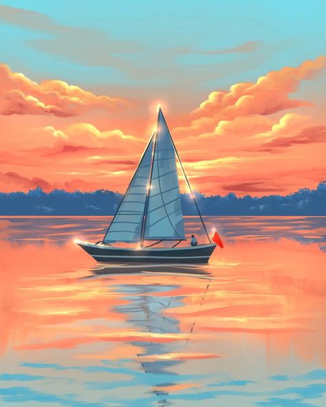 Sailboat Painting Acrylic, Sea Landscape, Sailboat Painting, Orange Sunset, Water Sea, Sunset Sea, Sunset Orange, Acrylic Paint Set, Ocean Sunset