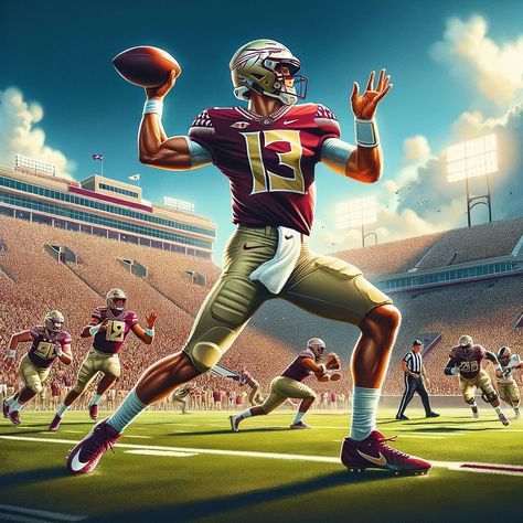 Here’s an illustrated scene of a dream Florida State University quarterback on the football field during a game. This image captures the essence of what such a quarterback might embody, showcasing athleticism, determination, and the vibrant atmosphere of college football at FSU. #noles #fsu #fsufootball #finish College Football Art, Fsu Football, Football Art, Florida State University, Football Field, Florida State, College Football, State University, A Dream