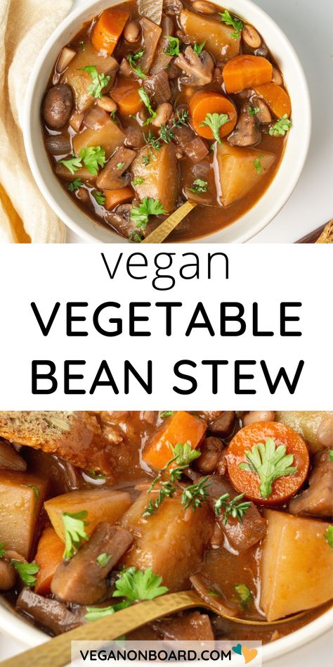 A hearty vegan stew is so comforting and makes a delicious winter dinner! This onepot meal is full of veggies, potatoes and beans in a thick and rich sauce. It's a wholesome meal with classic vegetables such as carrots, onions and mushrooms together with potatoes and beans for carbs and protein. The thick sauce is herby and rich in umami. Vegan Stew Recipes, Vegan Potato Soup, Vegetable Stew Recipe, Vegetarian Soups, Vegan Beef, Vegetarian Instant Pot, Vegan Stew, Pork Stew, Stewed Potatoes