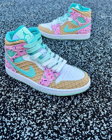 We are releasing a new flavor tomorrow called Strawberry Mint Ice cream Jays in limited quantities! What do you think? Tell a friend!! 🍓🍃 Sign up to be notified in stories! #shoebakery #customshoes #handmade #icecreamshoes #customs #customjordans #customsneakers Shoe Bakery, Nike Shoes Women Fashion, Nike Products, Custom Sneakers Diy, Pretty Sneakers, Mint Ice Cream, Strawberry Mint, Waffle Cone, Preppy Shoes