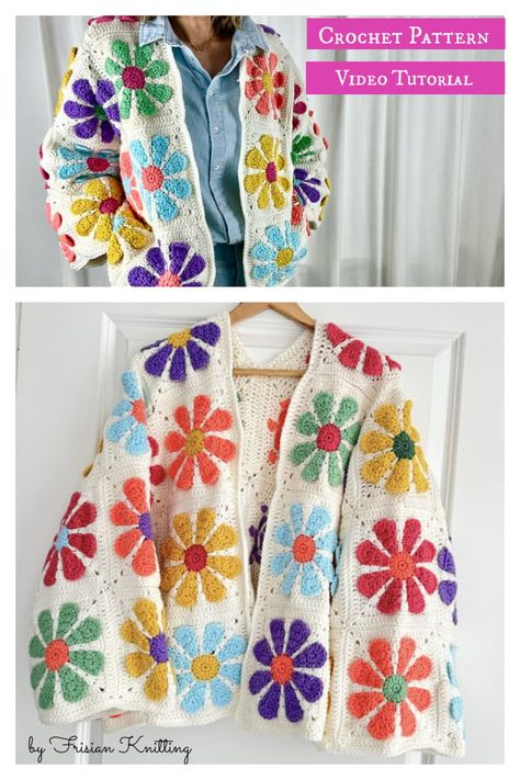 Flower Cardigan Crochet, Retro Daisy Granny Square, Beginner Crochet Cardigan, Crochet Cardigan For Beginners, Crochet Flower Granny Square Pattern, Cardigan Tutorial, Crochet Cardigan Tutorial, Boho Crochet Patterns, Granny Square Projects