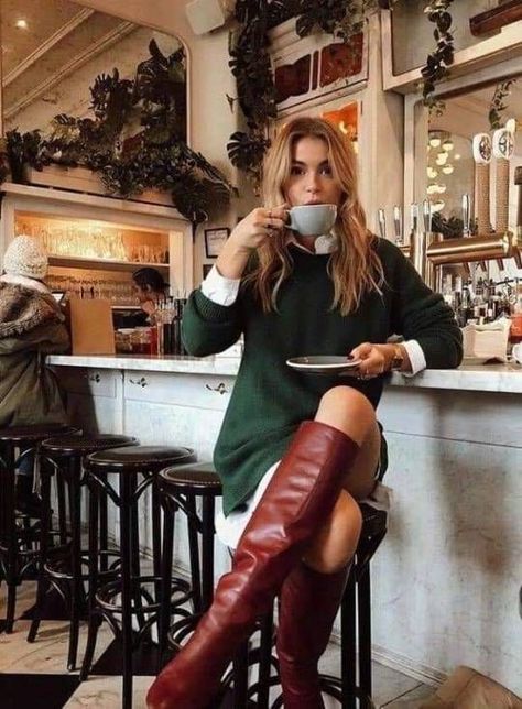 Classic Eclectic Outfit, Vintage Formal Outfit For Women, Sweater Dress Shirt Combo, Vintage Style Work Outfits, Womens Leather Outfits, Autumn Guest Wedding Outfits, Fun Classy Outfits, Brown Leather Knee High Boots Outfit, Upscale Boho Fashion