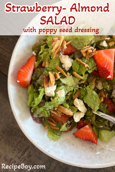 Strawberry Almond Salad with Poppy Seed Dressing recipe from RecipeBoy.com Strawberry Almond Salad, Poppy Seed Dressing Recipe, Poppyseed Dressing Recipe, Salad With Poppyseed Dressing, Salad With Poppy Seed Dressing, Strawberry Vinegar, Almond Salad, Strawberry Feta, Sugared Almonds