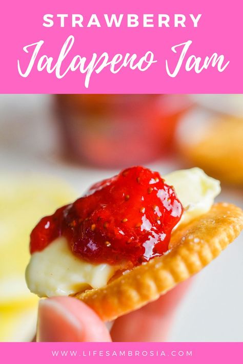 Strawberry Jalapeño Jam Recipe | No Pectin or Canning | Life's Ambrosia Strawberry Jalapeno Jelly, Strawberry Jalapeno Jelly Recipe, Strawberry Jalapeno Jam Recipe, Jalapeno Jelly Recipe, Jalapeno Jam Recipe, Spicy Jam, Strawberry Jalapeno Jam, Jalapeno Jam, Jalapeno Jelly