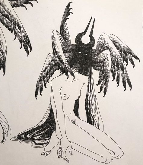 Demon Design Ideas, Demon Design Character Concept, Strange Sketches, Humanoid Creature Design, Demon Character Art, Horns On Head, Humanoid Demon, Demon Mythology, Ink Creature