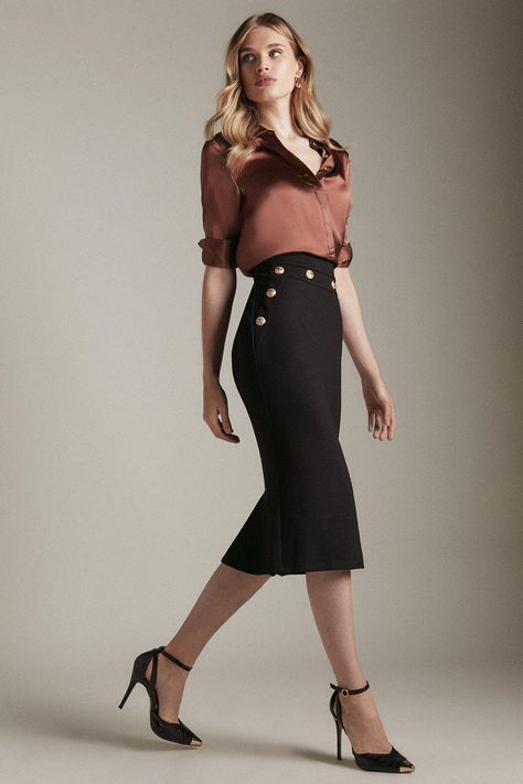 Ponte Rivet Detail Jersey Pencil Skirt Pencil Skirt Outfits Classy Work, Office Job Outfits Skirts, Pencil Skirt Formal Outfit, Office Pencil Skirt Outfit, Pencil Skirt Outfits For Work Business Professional Attire, Pencil Skirt Outfits Summer, Black Pencil Skirt Outfit Dressy, Satin Skirt Work Outfit, Stylish Business Attire Women