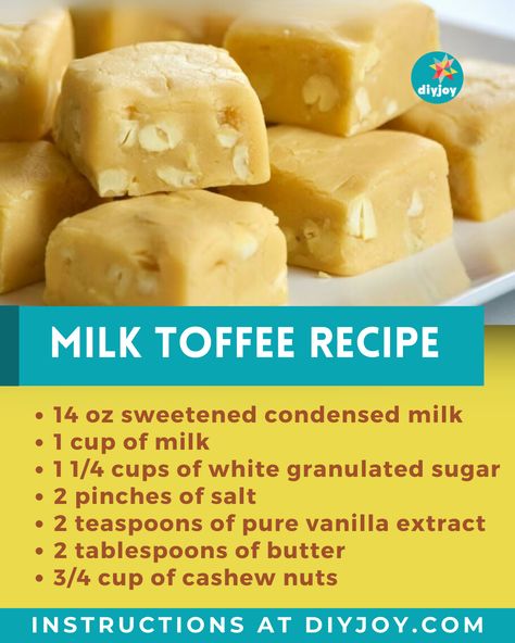 These melt-in-your-mouth milk toffee treats are incredibly yummy! They are super easy to make and only require 7 ingredients Soft Toffee Recipe, Milk Toffee Recipe, Condensed Milk Toffee, Milk Toffee, Soft Toffee, Diy Joy, Toffee Candy, Toffee Recipe, Milk Candy