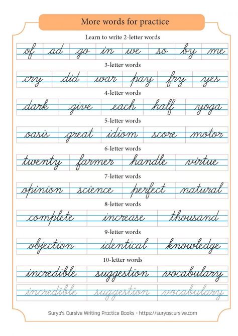 cursive handwriting practice Cursive Words Practice, Words In Cursive, Cursive Writing Book, Caligrafia Copperplate, Six Letter Words, Prewriting Activities, Css Basics, Cursive Writing Practice Sheets, Cursive Worksheets