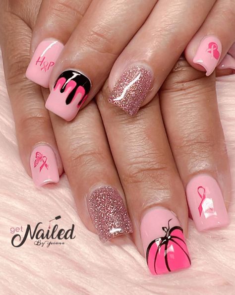 October Breast Awareness Month Nails, Pink Pumpkin Nails Fall, October Breast Awareness Nails, Pink Ribbon Nails October, Pink Breast Awareness Nails Design, October Pink Nails, Summer Pink Acrylic Nails, Pink October Nails, Pink Pumpkin Nails