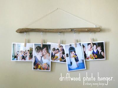 DIY photo hanger. Photo Hanger, Diy Driftwood, Beach Craft, Rv Decor, River Rocks, Driftwood Crafts, Drift Wood, Photo Display, Beach Crafts