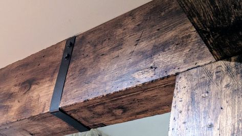 DIY Faux beams and column Diy Faux Beams, Faux Wooden Beams, Covered Patio Design, Support Columns, Support Beam, Support Beams, Faux Beams, Metallic Spray Paint, Dark Wax