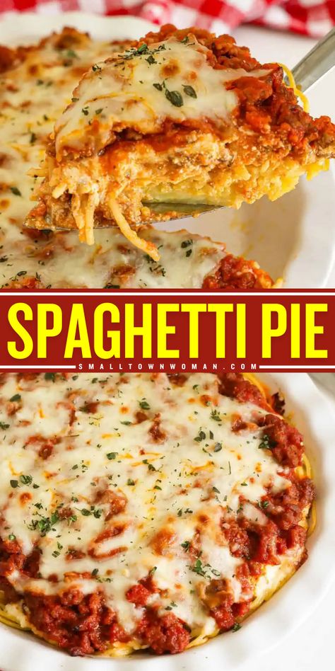 This pasta dinner idea is a fun twist on a classic! It's such a delicious home-cooked meal. The whole family will love every bite of this easy spaghetti pie recipe that's cheesy and herby with a tangy marinara sauce! Spaghetti Pie With Ricotta, Spaghetti Pie Recipe Easy, Spaghetti Pie Recipe, Spaghetti Pie Recipes, Jewish Foods, Lemon Chicken Pasta, Spaghetti Pie, Easy Spaghetti, Cooked Meal