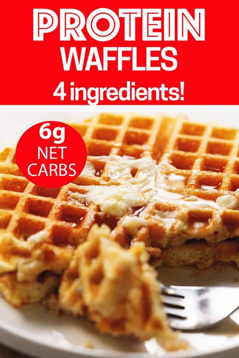 These actually crispy protein waffles only use 4 ingredients! Use your favorite whey protein powder, eggs, sour cream or Greek Yogurt, and baking powder to make these delicious and healthy waffles in less than 10 minutes. Whey Protein Recipes, Keto Waffles, Keto Protein, Keto Breakfasts, Desayuno Keto, Protein Baking, Protein Waffles, Protein Dinner, Waffles Recipe