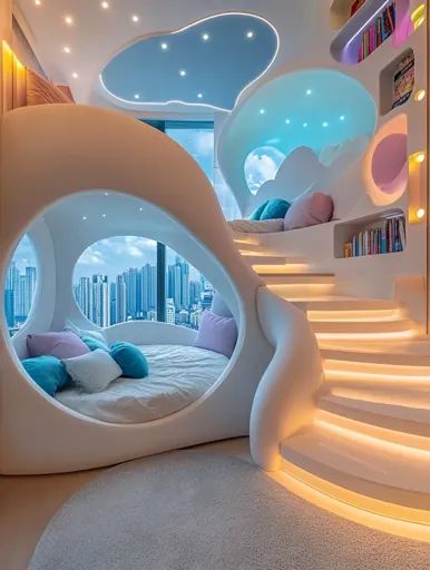 ↑↑↑ Larger size on website 🔸 The image shows a modern, futuristic bedroom with a circular bed, a large window overlooking a city Futuristic Bed, Circular Bed, Retro Bedroom Ideas, Bed City, Futuristic Bedroom, Y2k Cybercore, Weird Furniture, Modern Futuristic, Winding Staircase